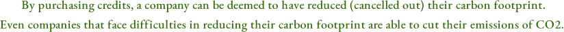 By purchasing credits, a company can be deemed to have reduced (cancelled out) their carbon footprint. Even companies that face difficulties in reducing their carbon footprint are able to cut their emissions of CO2.