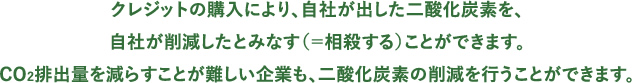 クレジットの購入により、自社が出した二酸化炭素を、自社が削減したとみなす（＝相殺する）ことができます。CO2排出量を減らすことが難しい企業も、二酸化炭素の削減を行うことができます。