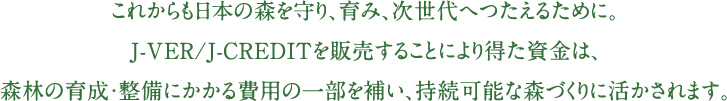 これからも日本の森を守り、育み、次世代へつたえるために。J-VER/J-CREDITを販売することにより得た資金は、森林の育成・整備にかかる費用の一部を補い、持続可能な森づくりに活かされます。